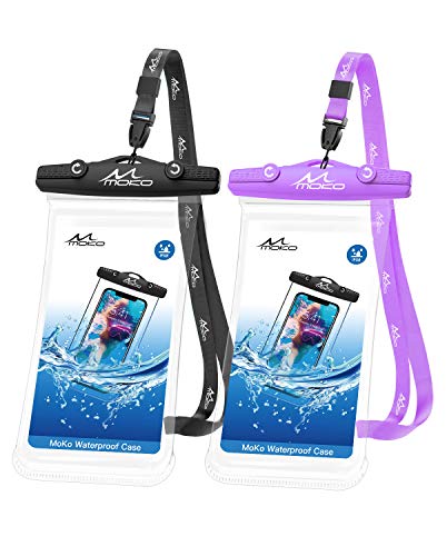 MoKo Waterproof Cellphone Pouch, [2 Pack] Underwater Phone Case Dry Bag with Lanyard Compatible withiPhone 12/iPhone 12 Mini/iPhone 12 Pro/iPhone 12 Pro max/11/11 Pro/11 Pro MAX, Black+Purple