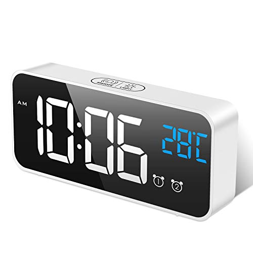 MOSUO Reloj Despertador Digital, LED Despertadores Electrónicos Espejo con Temperatura y 2 Alarma, Snooze, Sonido y Brillos Regulable, Carga USB para Dormitorio, Oficina, Blanco