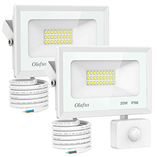 Olafus 2 Pack 20W Focos LED Exterior con Sensor de Movimiento, Proyectores Foco LED con Detector 1800LM Blanco Frío 5000K, Impermeable IP66, Iluminación Exterior de Seguridad para Jardín Patio Garaje
