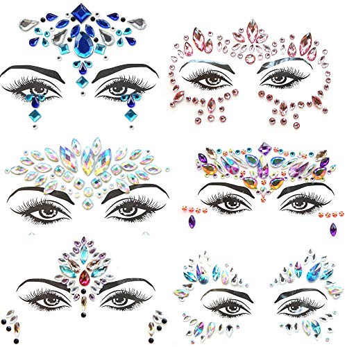 Pegatinas Cara Joyas 6 piezas Gemas de la Cara Face Cristales Tatuajes Temporales Falso para Ojos Cara Festival de Fiestas Decoración