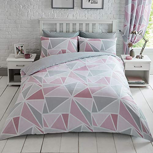 Pricerighthome Metro Geometric Triangle - Juego de funda de edredón para cama doble, color rosa y gris