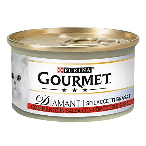 PURINA Gourmet Diamant Húmedo Gato Sfilaccetti Brasati con Ternera en Salsa con Tomates y Espinacas, 24 latas de 85 g Cada Paquete de 24 x 85 g