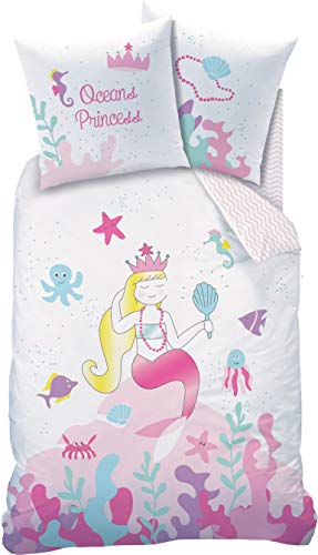 Ropa de cama infantil Mermaid para niña, funda nórdica de 135 x 200 cm, funda de almohada de 80 x 80 cm, OCEAN Princess OCEAN Girl rosa, blanco, multicolor, 100% algodón