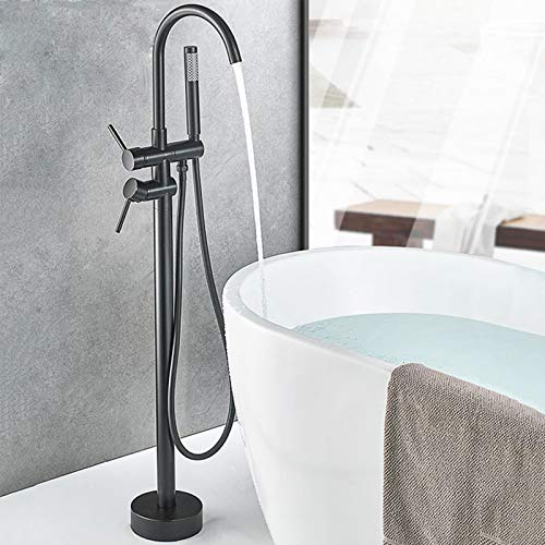 Rozin Grifería de baño independiente con 2 asas, giratorio 360°, caño con alcachofa de mano, manguera de 150 cm, color negro