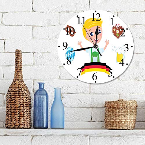 Silencioso Wall Clock Decoración de hogar de Reloj de Redondo,Chico bávaro alemán con cabello rubio con símbolos del Oktoberfest Globo de cerveza y pretz,para Hogar, Sala de Estar, el Aula