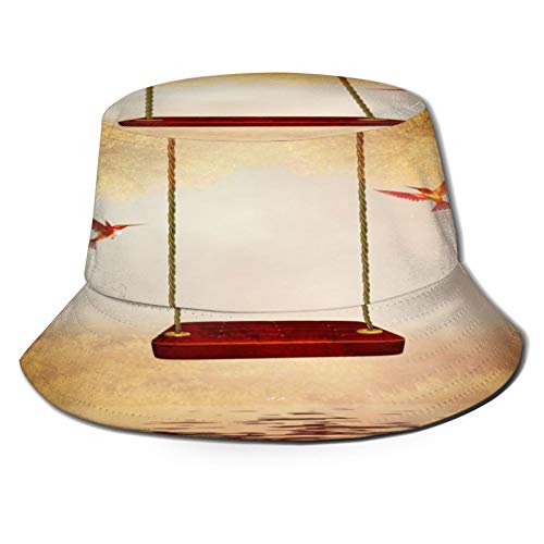 Sombrero de Pesca,Colibríes Decoración Red Hamaca Y Pacífica Lago Fantasía Escena De Cuento De Hadas Decorativo,Senderismo para Hombres y Mujeres al Aire Libre Sombrero de Cubo Sombrero para el Sol