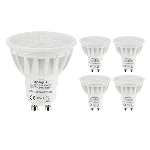 Uplight 5.5W Regulable Bombillas LED GU10,Blanco cálido 3000K,Equivalente 50-60W Halógena,600lm Ra85,120°Angulo de haz,5 Piezas.