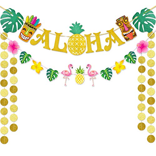WERNNSAI Decoraciones Hawaianas de La Pancartas del Partido - Flamengo Piña Tiki Trópico Luau Fiesta Suministros Gran Bandera de Signo de Aloha con Purpurina Dorada para Cumpleaños Boda Verano Playa