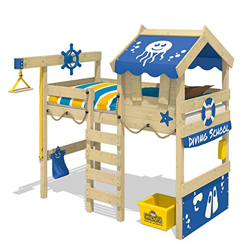 WICKEY Cama alta CrAzY Jelly Cama infantil con techo Cama para jugar 90x200 para niños con somier y sistema de grúa, azul