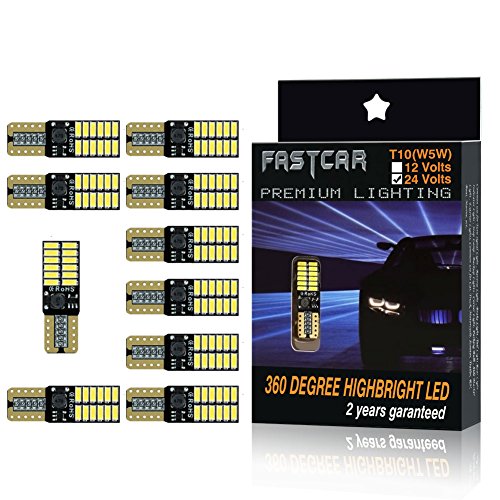 10pcs 194 W5W T10 led Blanco 24V Bombillas de cuña 24 LED 4014SMD Lámparas laterales Lámparas Placa Coche Juego Interior del coche 6500k Sin polaridad (Blanco)