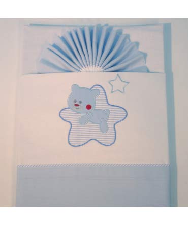 10XDIEZ Juego de sábanas Cuna Franela Star Blanco/Azul - Medidas sabanas bebé - Cuna (60x120cm)