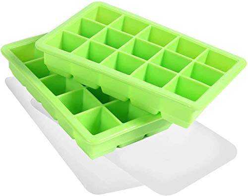 3cm Bandeja de cubitos de hielo LessMo, moldes de cubitos de hielo de silicona de 2 piezas con tapas antideslizantes (verde, cubo de hielo L)