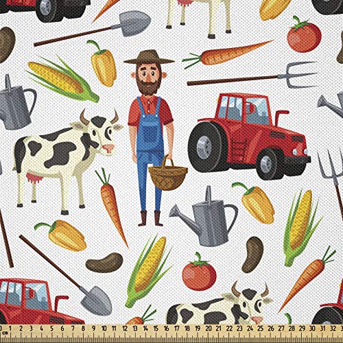 ABAKUHAUS Granja Tela por Metro, Tractor Agricultura jardinero, Satén para Textiles del Hogar y Manualidades, 1M (148x100cm), Multicolor