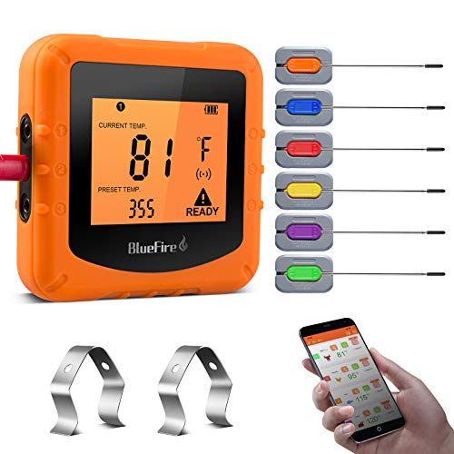 Bluefire - Termómetro Bluetooth para barbacoa, termómetro de cocina impermeable con 6 sondas de temperatura, termómetro de cocción digital inalámbrico para carne, pavo, barbacoa, horno o barbacoa