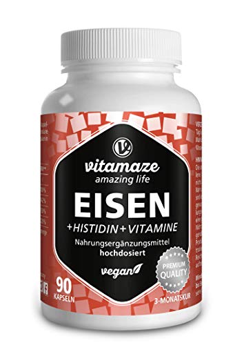 Cápsulas de hierro de alta dosis y vegano, 20 mg con la fórmula vital + histidina + vitaminas para una biodisponibilidad óptima, 90 cápsulas para 3 meses