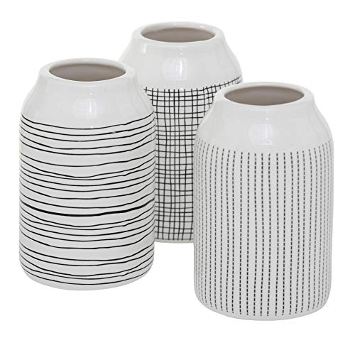 CasaJame Juego de 3 jarrones decorativos modernos (gres, 14 cm de altura, 9 cm de diámetro), color blanco y negro