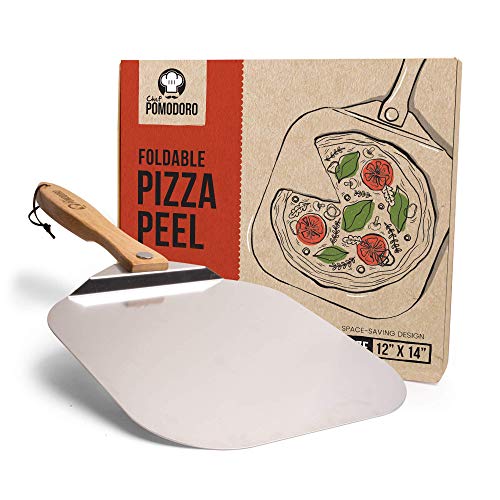 Chef Pomodoro - Pala para pizza de metal con mango de madera plegable para un fácil almacenamiento, pala gourmet para hornear pizzas y panes caseros. Medidas: 30,5 x 35,5 cm