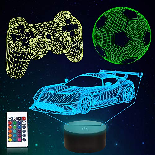 CooPark 3D Juego de fútbol Lámpara de coche de carreras 16 colores y control remoto Luz de noche LED óptica Iluminación de cabecera Regalos Juguetes para niños Niños para cumpleaños Vacaciones Navidad