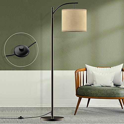 Depuley - Lámpara de pie de metal negro y pantalla de lino para dormitorio salón interior, diseño nórdico y moderno con interruptor de pie de 1,5 m de alto, incluye bombilla E27 LED