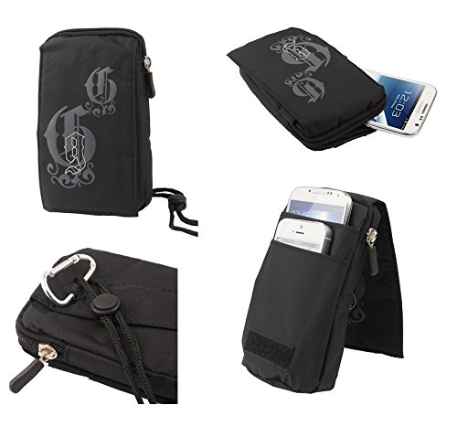 DFV mobile - Multi-Functional Vertical Stripes Pouch Bag Case Zipper Closing Carabiner for HiSense C1 - Black (16 x 9.5 cm)