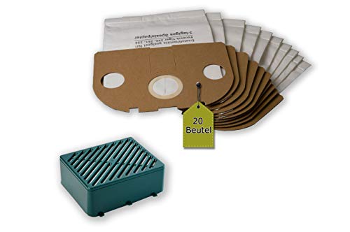 eVendix Juego de filtros Adecuado para Vorwerk Tiger/Kobold 251, 252: 20 Bolsa de aspiradora + 1 Sistema de Filtro Activo