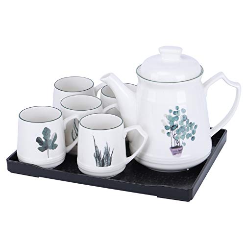fanquare 8 Piezas Juego de Té de Porcelana con Plantas Verdes Nórdicas, Juego de Café de Cerámica, Servicio de Té para Hogar y Fiesta