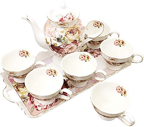 fanquare 8 Piezas Juegos de Té de Porcelana Inglesa, Vintage Juegos de Tazas de Café de Flores Rojas, Servicio de Té para Bodas