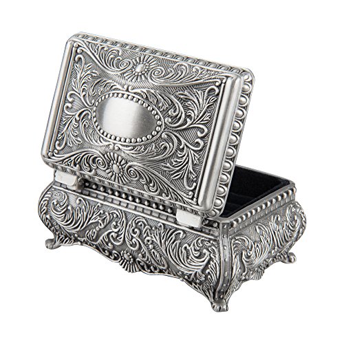 Feyarl Caja de joyería rectangular metálica grabada para pequeñas joyas, regalo (9,1 x 6,1 x 4,1 cm)