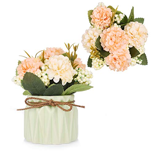 Flores artificiales para decoración de hortensias artificiales con pequeño jarrón de cerámica mini plantas en maceta para bodas, fiestas, oficina, decoración de mesa del hogar (verde)