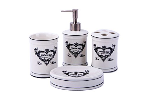 GMMH Juego de 4 accesorios de baño con dispensador de jabón y escobilla de baño de cerámica con forma de corazón