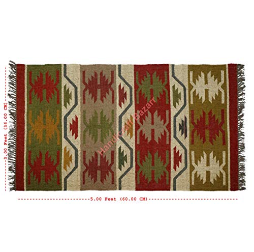Handicraft Bazarr Alfombra de yute de lana Kilim estilo étnico, alfombra de yoga de 3 x 5 pies, alfombra de yoga tejida para decorar la sala de estar turca