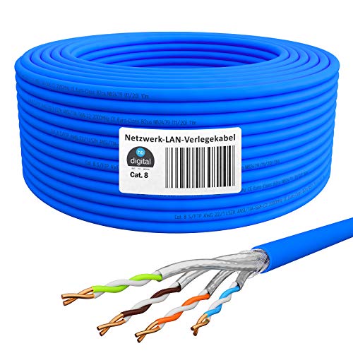HB-DIGITAL 50m Cat. 8 tendido cable de instalación cable de datos B2Ca interior-∅ 0,6 mm Ethernet cable LAN Cat8 hasta 40 Gbit/s cobre S/FTP 2000 MHz PIMF LSZH libre de halógenos AWG 22/1 azul