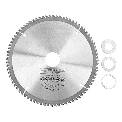 Hoja de sierra circular TCT plateada de 185 mm, para corte de madera 80 dientes + 3 piezas de anillos de reducción de aleación dura