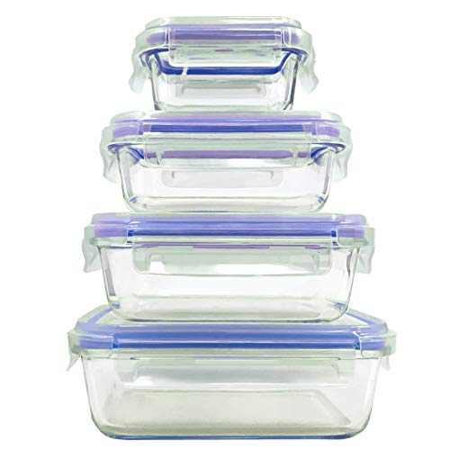 Home Fleek - Envases de Vidrio para Alimentos | 4 Recipientes + 4 Tapas | Herméticos | Sin BPA (Set 4, Rectangular Azul)