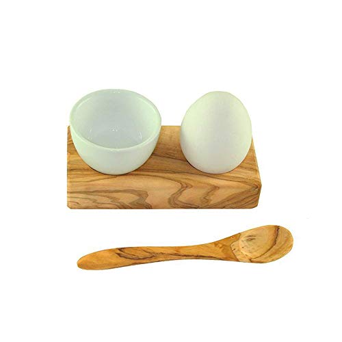 Huevera con huevera y cuchara de madera de olivo, juego de desayuno para huevos