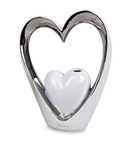Jarrón decorativo moderno en forma de corazón, de cerámica, blanco/plata, 23 x 31 cm