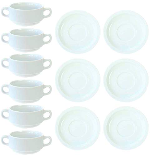 Juego de 12 tazas de sopa (6 tazas y 6 platillos) apilables de porcelana.