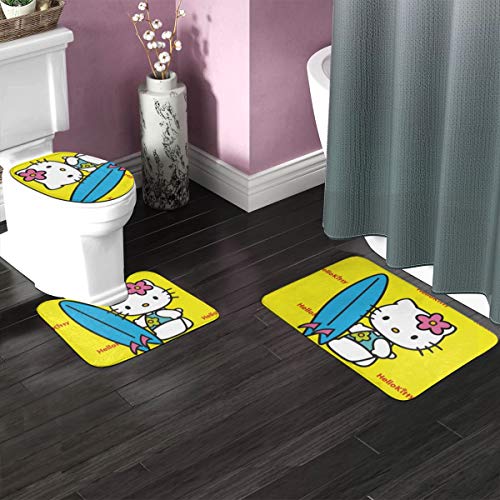Juego de 3 alfombras de baño de Hello Kitty, antideslizante + alfombra de contorno en forma de U + tapa de inodoro. Alfombrillas de baño antideslizantes suaves.