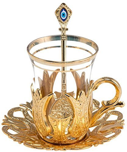 Juego de 6 vasos de té con soportes, cucharas y platillo, diseño vintage tulipán, color dorado