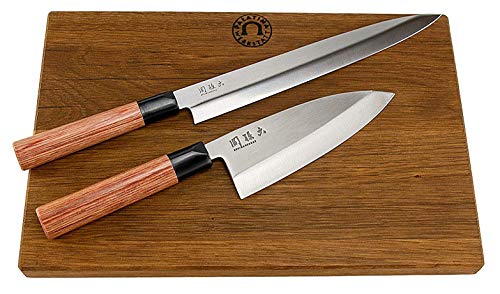 Kai Seki Magoroku Redwood Juego de cuchillos | 1 Yanagiba (Sushi), hoja de 24 cm + 1 Deba (cuchillo de pescado) 15,5 cm + tabla de cortar grande de roble (34 x 21 cm) | VK: 194,90 €