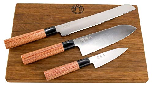 Kai Seki Magoroku Redwood - Juego de cuchillos (3 cuchillos japoneses, incluye tabla de cortar maciza de madera reciclada), 35 x 21 cm