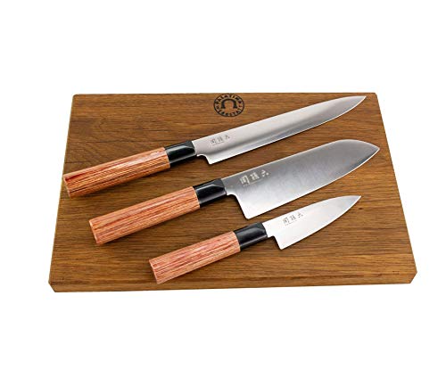 Kai Shun Seki Magoroku Redwood - Juego de 3 cuchillos japoneses afilados y una tabla de cortar grande de roble, 35 x 22 cm