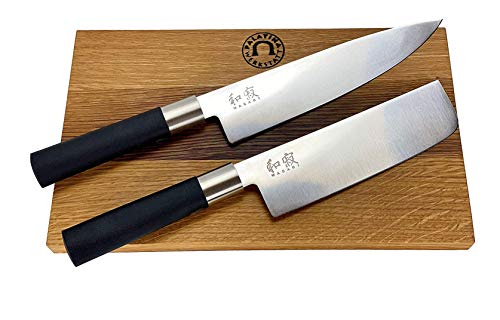 Kai Wasabi Black - Juego de cuchillos japoneses (3 piezas, cuchillo de cocina grande de 20 cm, tabla de madera maciza de 30 x 18 cm)