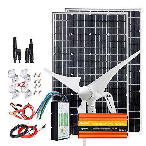 Kit completo de viento solar de 600W, 12V, con inversor de 2000W: 1 generador de turbina de viento de 400W + 2 paneles solares monocromáticos de 100W de alta eficiencia + controlador + cables+ soporte