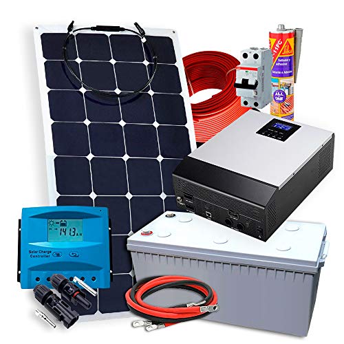 Kit Solar PlusEnergy 12V + 1 Panel Solar Flexible 150W + Inversor Híbrido 1Kva Regulador PWM 50Ah Cargador 20Ah + Batería AGM 150A
