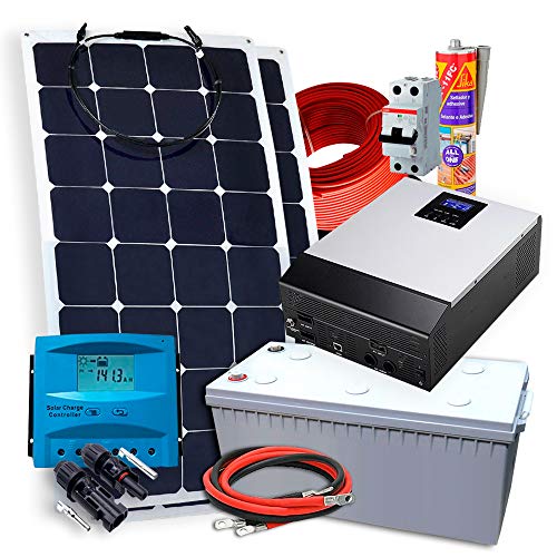 Kit Solar PlusEnergy 12V + 2 Paneles Solares Flexibles 150W + Inversor Hibrido 1Kva Regulador PWM 50A Cargador 20A + Baterías GEL 250A