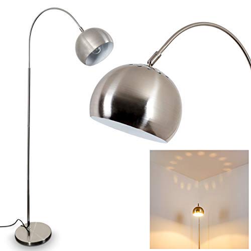 Lámpara de pie Felisa, moderna lámpara de pie de metal en níquel mate, casquillo E27, máx. 60 W, lámpara de arco con cabezal ajustable, interruptor de pie en el cable, efecto de luz en el techo