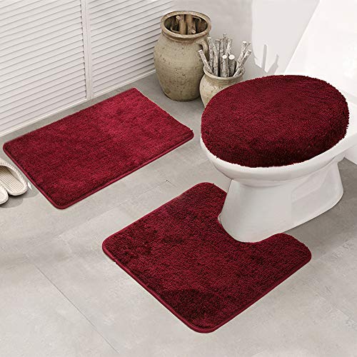 LAOSHIZI Alfombrillas de baño Suave Antideslizante Color sólido Juego de alfombras de baño de 3 Piezas Vino Rojo