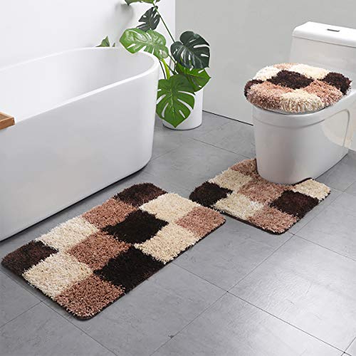 LAOSHIZI Alfombrillas de baño Suave Antideslizante Moda Enrejado Juego de alfombras de baño de 3 Piezas Marrón