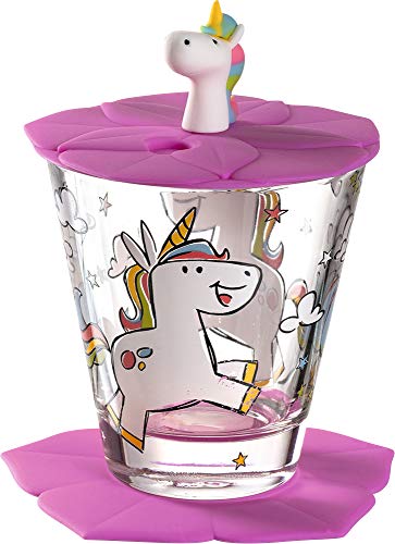Leonardo Bambini 034800 - Juego de 3 vasos infantiles de cristal con diseño de unicornio, tapa y posavasos, apto para lavavajillas, 215 ml